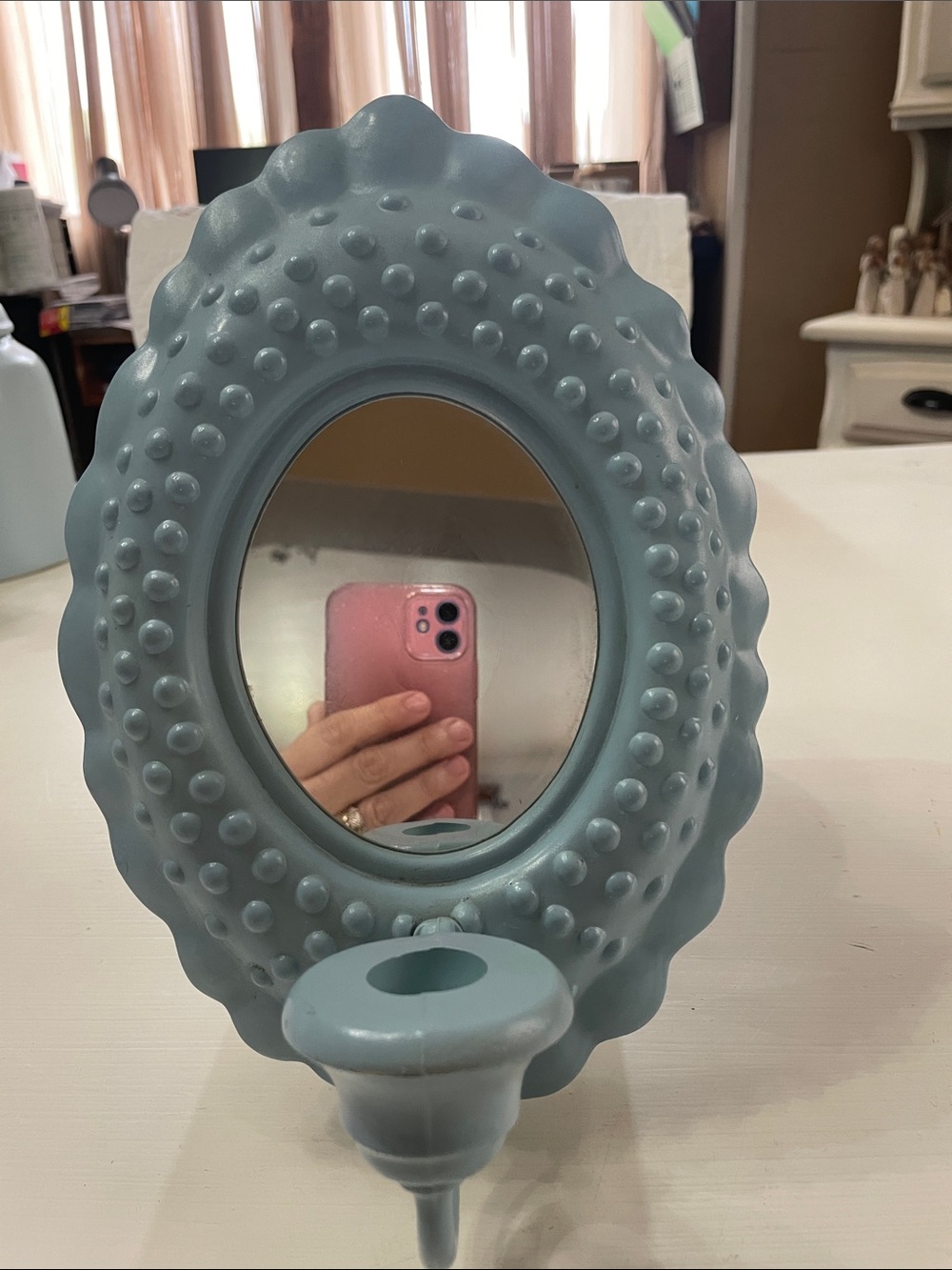 Vintage Blue Burwood hobnail mirrored scalloped wall sconce
